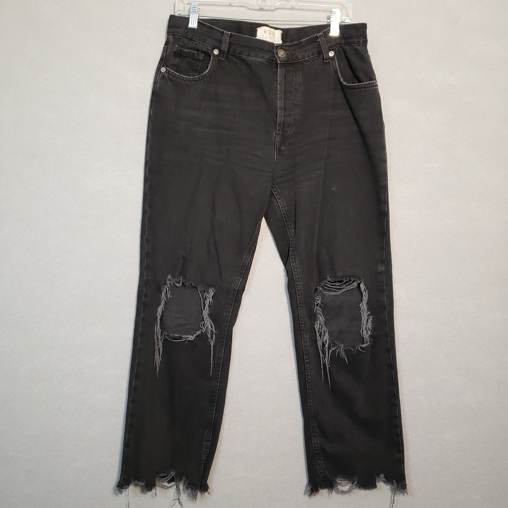 We The Free Womens 29 Straight Leg Jeans Black Distressed High Rise Frayed Hem